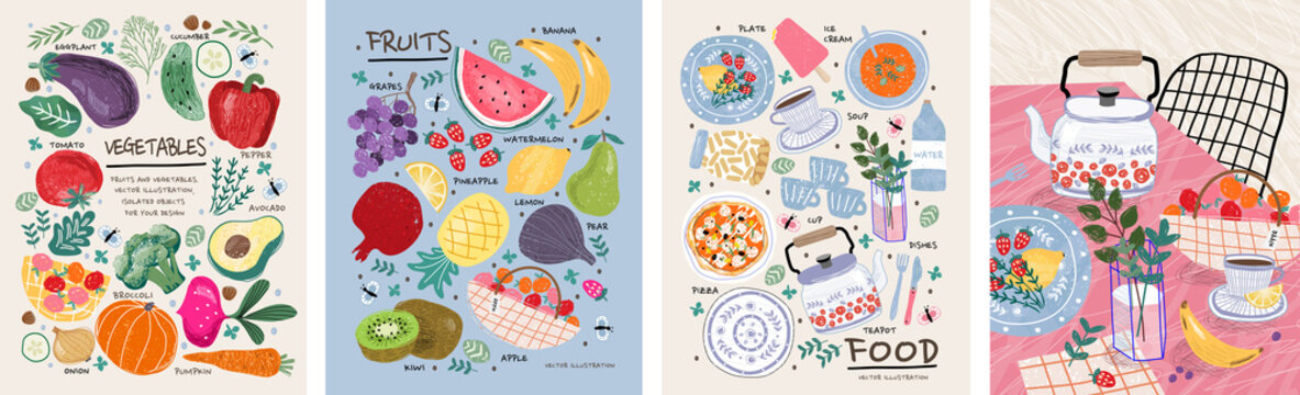 Food, vegetables and fruits. Vector illustrations: dishes, kiwi, broccoli, pumpkin, eggplant, avocado, pear, tomato, teapot, still life on the table, etc. Drawings for poster, card or background
