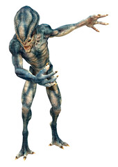 3D Rendering Blue Alien on White