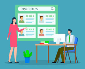 Business people near investor candidate list makes a choice. Business idea development, generation of innovation concept. Discussion about investors, brainstorming. Business and motivation banner