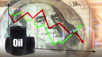 Changes in the fuel market. Crude oil barrels next to the schedule. Concept - changes in the...
