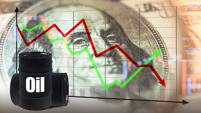 Changes in the fuel market. Crude oil barrels next to the schedule. Concept - changes in the hydrocarbon market. Graph shows rise and fall at the same time. Redistribution of the oil market.
