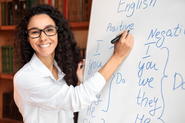 English teacher standing at whiteboard, explaining lesson to students