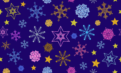 Vector Seamless Colorful Snowflakes, Stars with the Glitter, Metalic Effect. Hand Drawn Christmas Decor on a Blue Background - pattern for Packaging, Wrapping Paper, Cards, Poster, Banner and Textile.