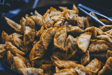 gyoza, Japanese fried dumplings in a pan. Street food