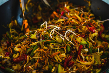 stew with noodles and vegetables in a wok