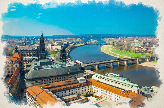 Watercolor drawing of Panoramic view of Dresden city with bridges over Elbe river and old buildings from view platform of lutheran church of Our Lady Frauenkirche, Germany