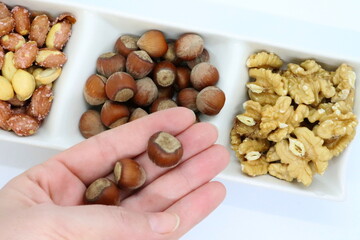 shelled hazelnuts, walnuts and salted peanuts, mixed nuts.