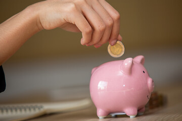Close up female hand putting coin in piggy bank. Save money,household payments, utility bills, calculating,monthly family,Finance or Savings concept.