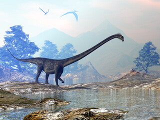 Fototapeta premium Barosaurus dinosaur walk - 3D render