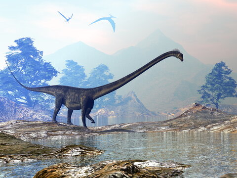 Barosaurus dinosaur walk - 3D render