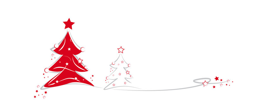 zwei weihnachtsbäume in rot mit grauer umrandung - sterne und weihnachtskugeln