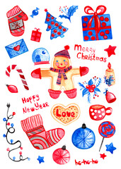 Merry Christmas and New Year watercolor illustration. With gingerbread, gifts, stars, Christmas tree, mitten. For prints, gifts, textiles.