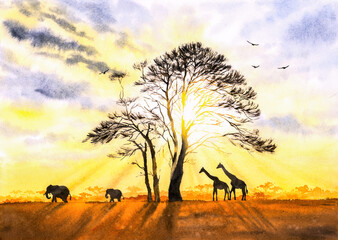 Fototapeta na wymiar Watercolor Painting - Wild Giraffe and Elephant with Dawn light in Africa Field