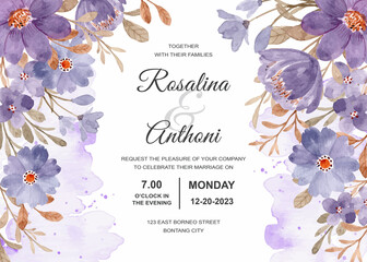 Wedding invitation card with purple floral with watercolor