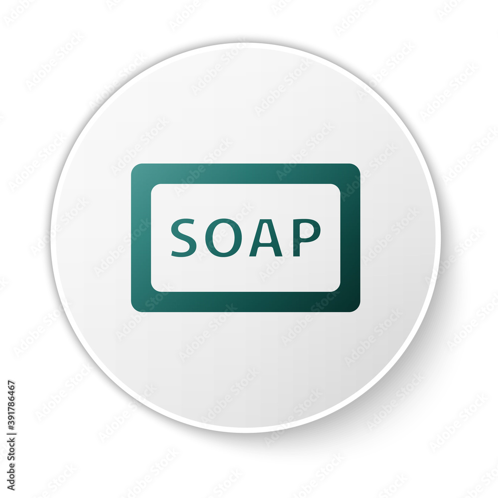 Poster green bar of soap icon isolated on white background. soap bar with bubbles. white circle button. vec