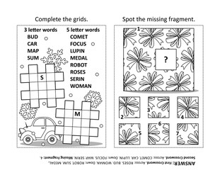 Activity page with two puzzles. Fill-in crossword puzzle or word game. Spot the missing fragment of the picture. Black and white. Answers included.
