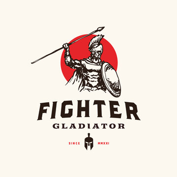 Spartan fighter gladiator with shield and spear ready to strike logo concept design
