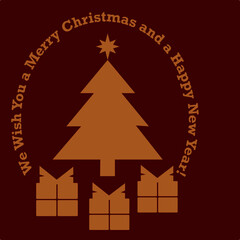 christmas tree illustration We Wish You a Merry Christmas and a Happy New Year golden red background gift card box