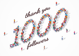 1K Followers. Group of business people are gathered together in the shape of 1000 word, for web page, banner, presentation, social media, Crowd of little people. Teamwork. Vector illustration
