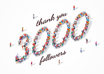 3K Followers. Group of business people are gathered together in the shape of 3000 word, for web page, banner, presentation, social media, Crowd of little people. Teamwork. Vector illustration