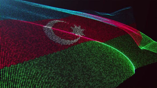 3d render. Azerbaijan digital flag with binary code texture flies in the wind. Seamless loop.