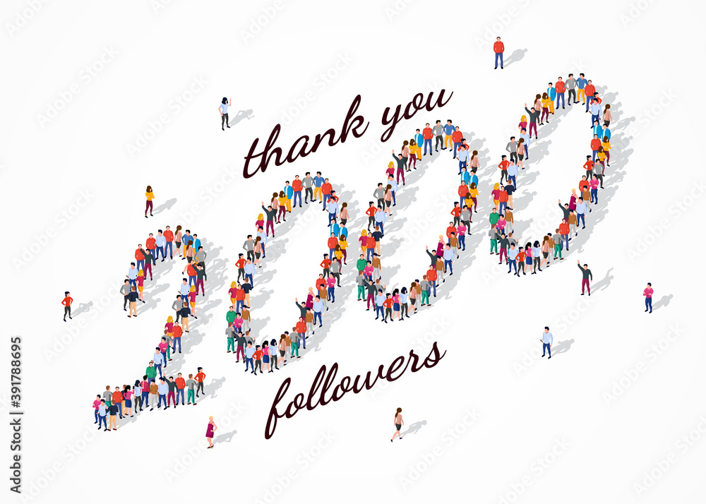 Wall mural 2K Followers. Group of business people are gathered together in the shape of 2000 word, for web page, banner, presentation, social media, Crowd of little people. Teamwork. Vector illustration