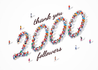 2K Followers. Group of business people are gathered together in the shape of 2000 word, for web page, banner, presentation, social media, Crowd of little people. Teamwork. Vector illustration