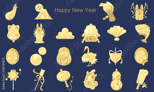 金のお正月縁起物アイコン風イラスト Wall Mural Wallpaper Murals Ko Hamari