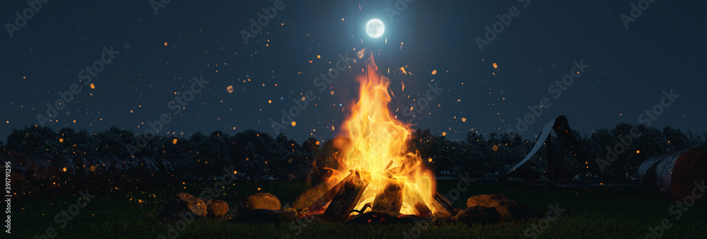 Wall mural 3d rendering of big bonfire with sparks and particles in front of forest and moonlight