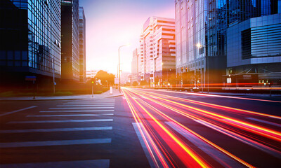 Traffic light trail in between building