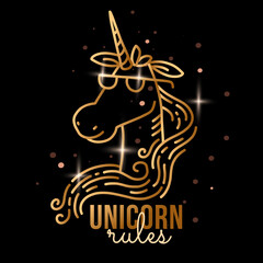 Vector line art illustration of golden head of magic unicorn in glasses with text