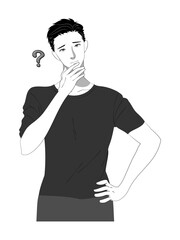 若い男性の上半身イラスト　白黒