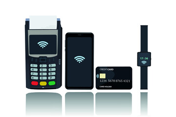 POS and NFC payment technology concept. Payment from a mobile phone, card, watch by bringing the device closer to the POS terminal. Flat vector illustration