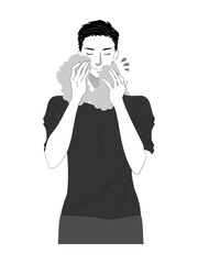 スキンケアする若い男性のイラスト　白黒