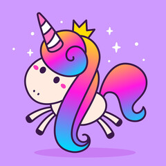 Vector line art illustration of magic unicorn with crown