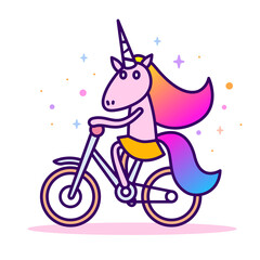 Vector line art illustration of magic unicorn with bike