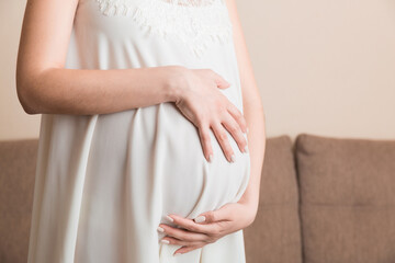 Fototapeta na wymiar Pregnancy woman in beautiful dress standing on the home