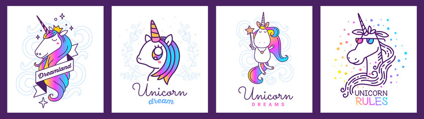 Vector set of line art illustration of magical unicorn with rainbow color mane