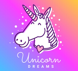 Vector line art illustration of head of magic unicorn with text