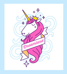 Vector illustration of head of beautiful unicorn with pink color mane and crown