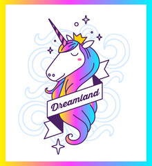 Vector illustration of head of beautiful unicorn with rainbow color mane and crown