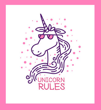 Vector line art illustration of head of magic unicorn in pink glasses with text