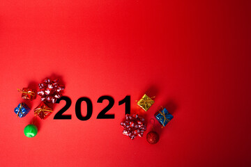 Christmas gift boxes. With Christmas decoration materials. Christmas holiday celebration, winter, new year concept. Christmas banner, greeting card template.
