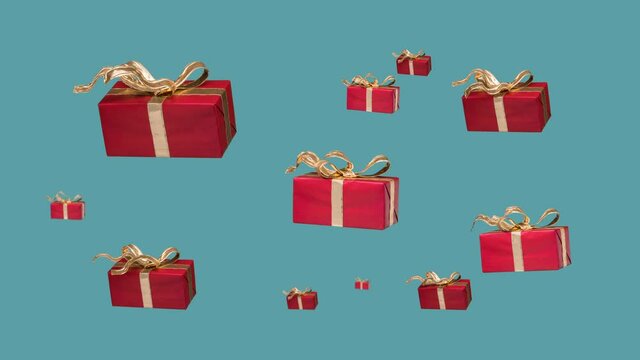 Christmas gifts with waving golden ribbons flying isolated on blue background. Online shopping and delivery concept. 4K stop motion animation, loop.
