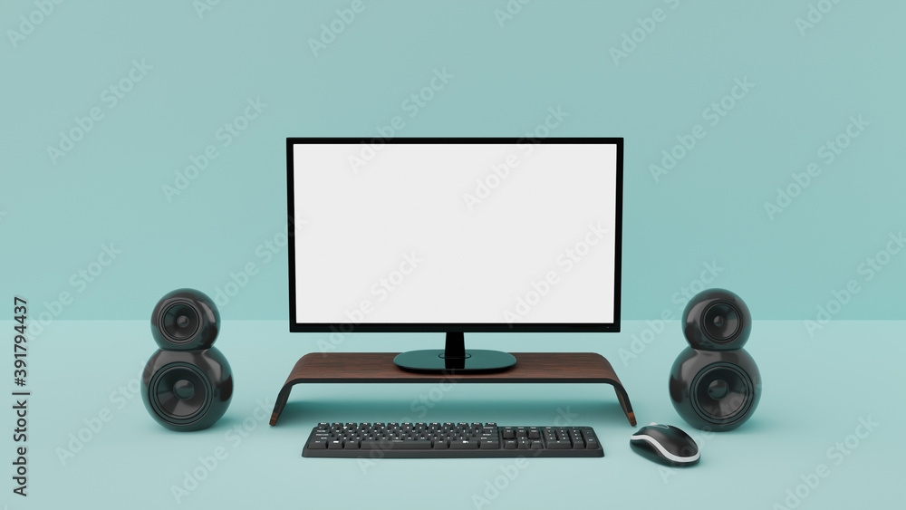 Poster 3d illustration computer set. screen monitor blank with keyboard mouse and design speaker on light b