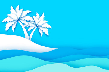 Fototapeta na wymiar Seaside landscape in paper cut style. Nobody under the palms tree on Seashore. Origami layered. Waves. Time to travel. Tropical summer holidays. Blue and white.