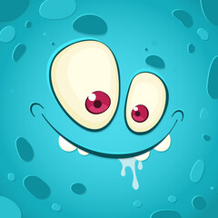 Blue monster face illustration. Cartoon vector portrait. Emotion.
