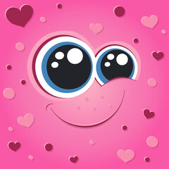 Pink cute monster face illustration. Cartoon vector portrait. Love emotion. Heart shape.