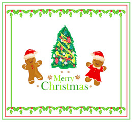 Christmas card with a Gingerbread decorating christmas tree