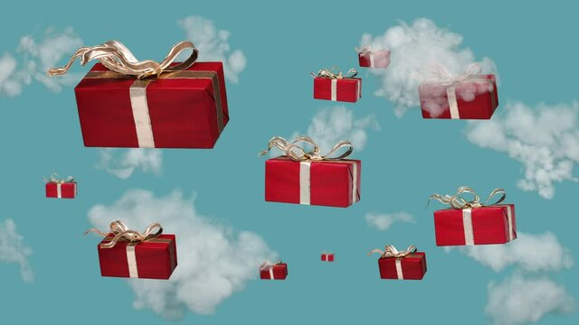 Christmas gifts with waving golden ribbons flying in the sky. Group of red gifts on the way to customer. Online shopping and delivery concept. 4K stop motion animation, loop.